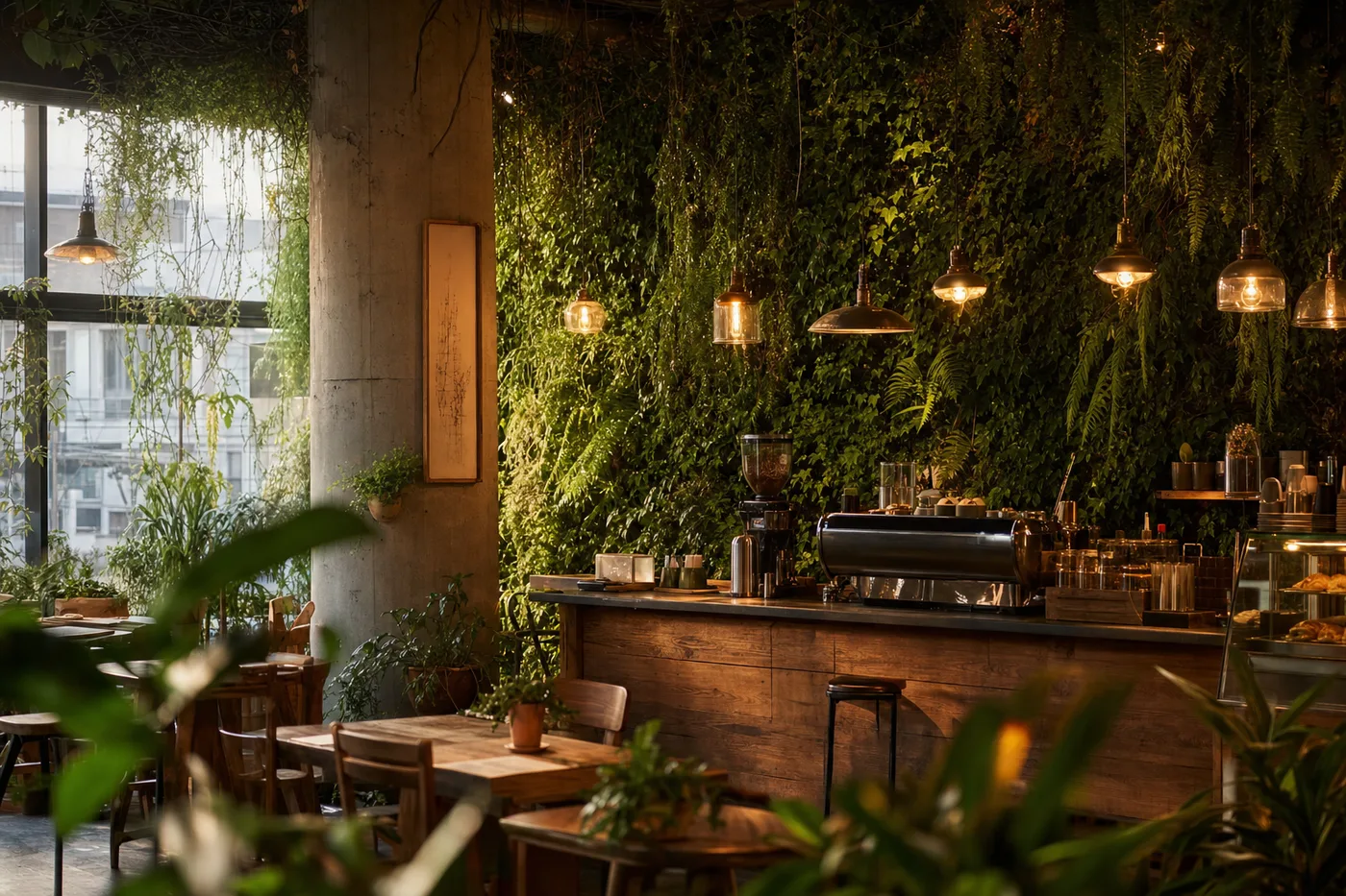 Muro verde de plantas artificiales en una cafetería