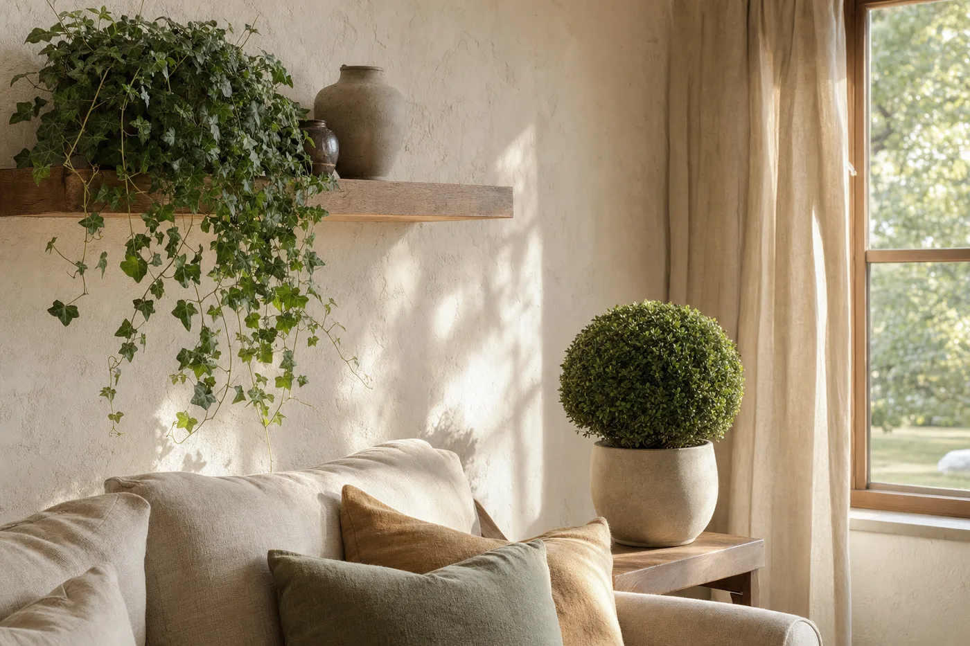 Plantas artificiales en una sala hogareña